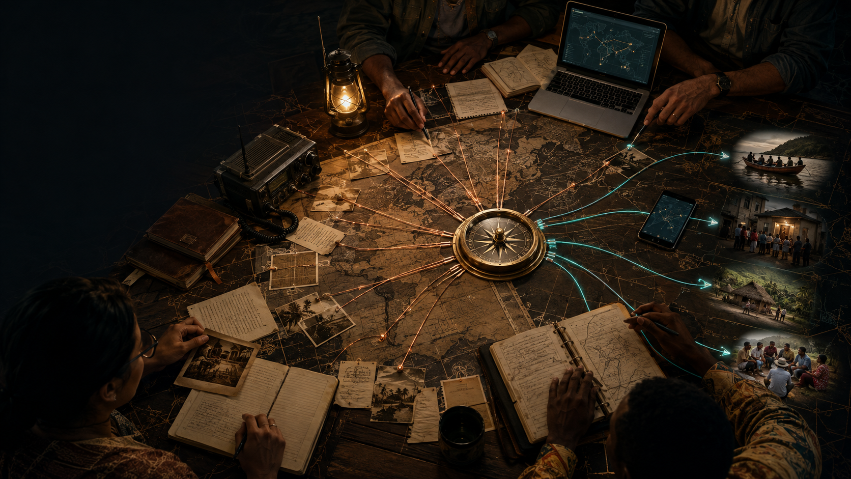 Equipe coordenando rotas, relatos e recursos missionários sobre uma grande mesa com mapa, bússola, rádio, computador e celular