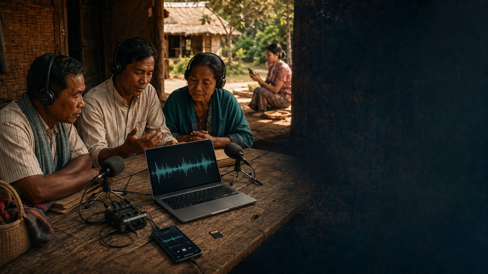 Falantes nativos gravando uma tradução oral da Bíblia com laptop, microfones, celular e cartão microSD em uma comunidade rural
