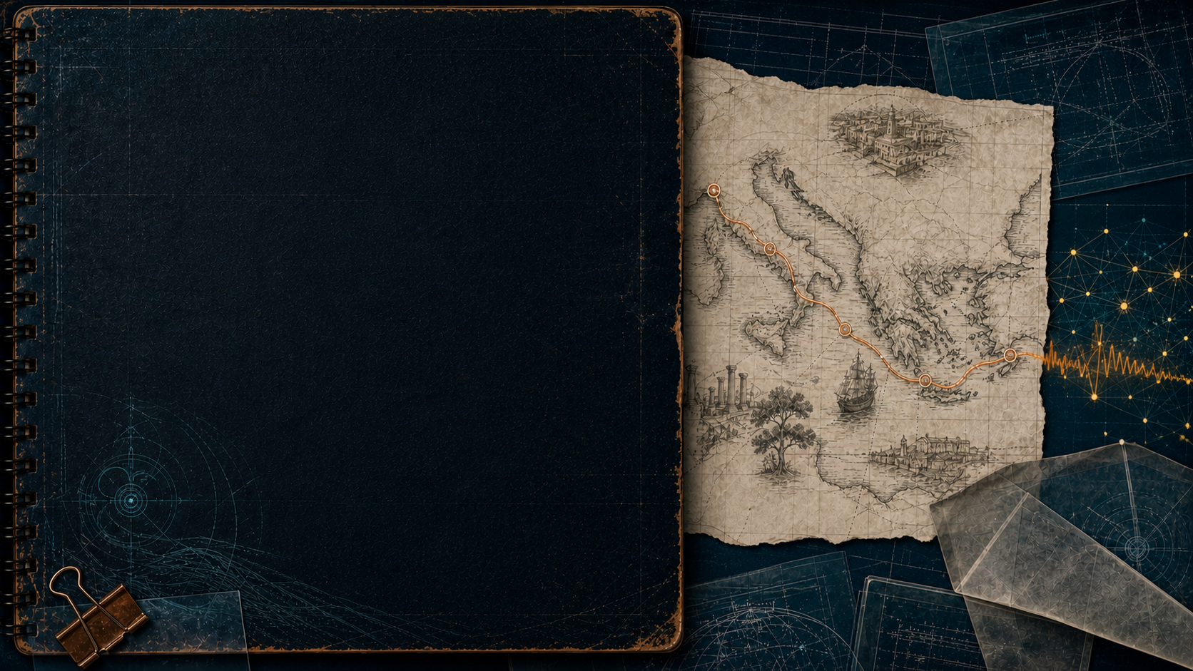 Caderno técnico ampliado ao lado de um mapa menor do Mediterrâneo, com rota apostólica que se transforma em sinal digital