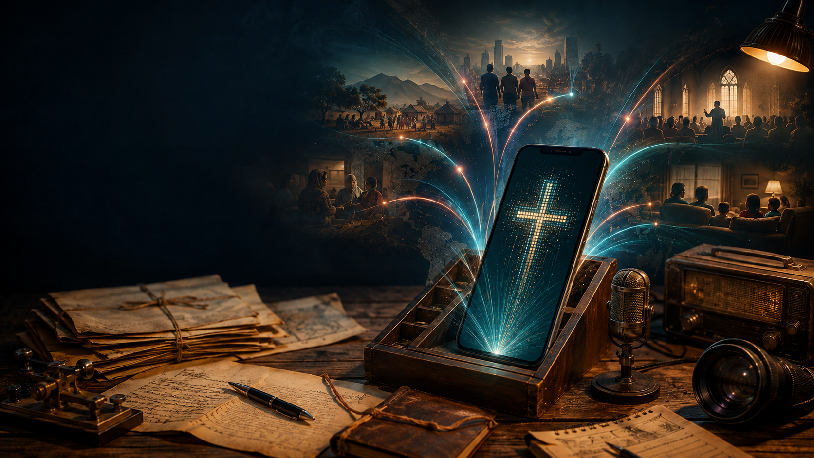 Celular iluminado com uma cruz pixelada integrada ao papel de parede, enviando mensagens para diferentes pessoas, territórios e comunidades